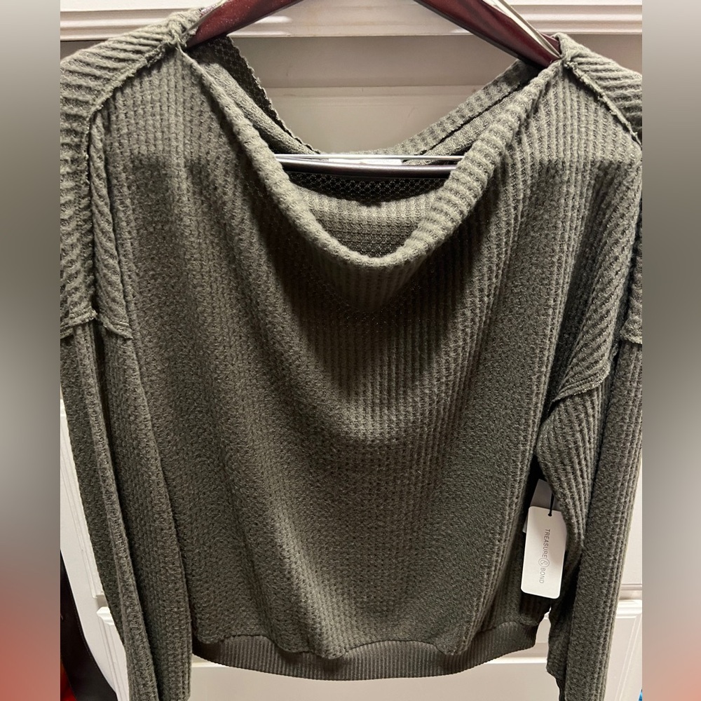 Olive Green Treasure and Bond off the shoulder top, waffle weave.